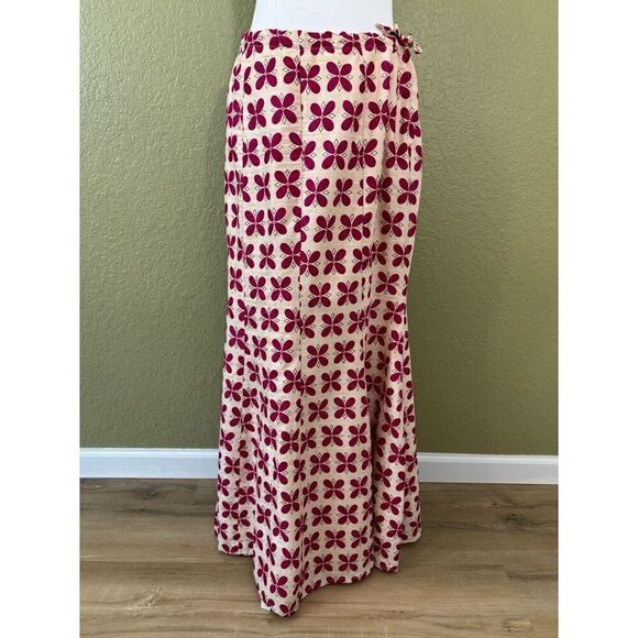 Handmade Women's X Cinch Waist Maxi Skirt Cream Pink Fuchsia Floral Flare Pleats - Picture 1 of 9